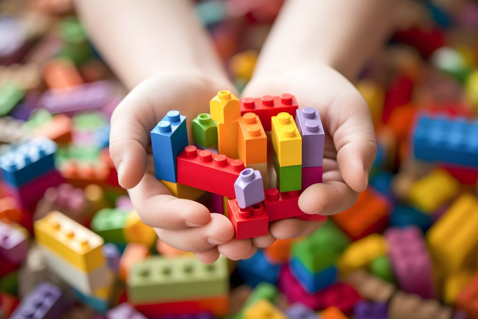 close up of a childs hand holding a colourful set of building blocks ai generated art Generative AI